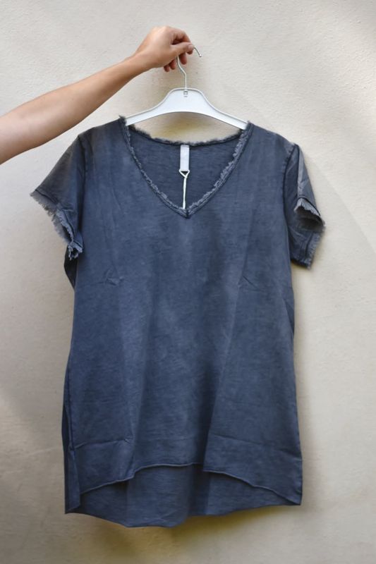 Dark Grey - Classic V-hals Fringe T-skjorte