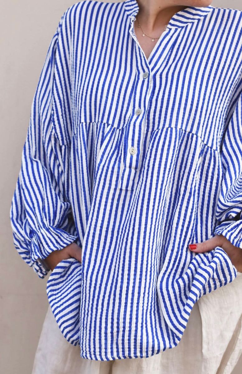 Blå/hvit - Oversized Stripete Bomulls Bluse