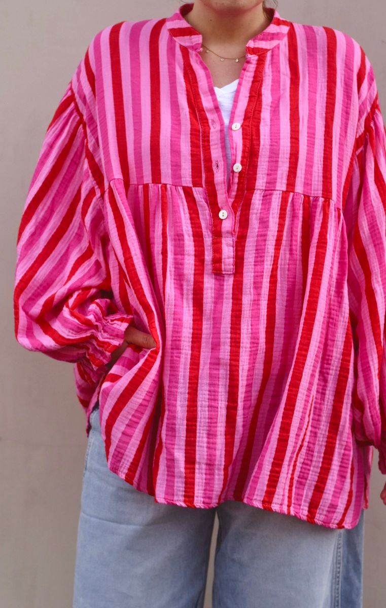 Rød/rosa - Oversized stripet Bomulls Bluse