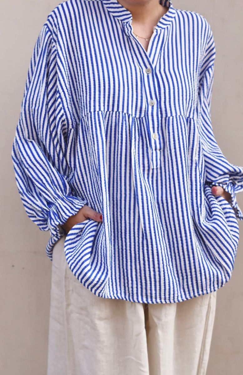 Blå/hvit - Oversized Stripete Bomulls Bluse