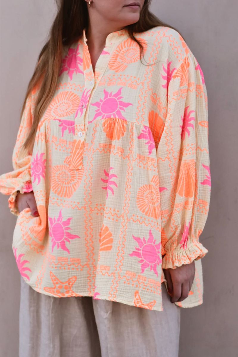 Gul/rosa - Oversized Sommer Bomulls Bluse