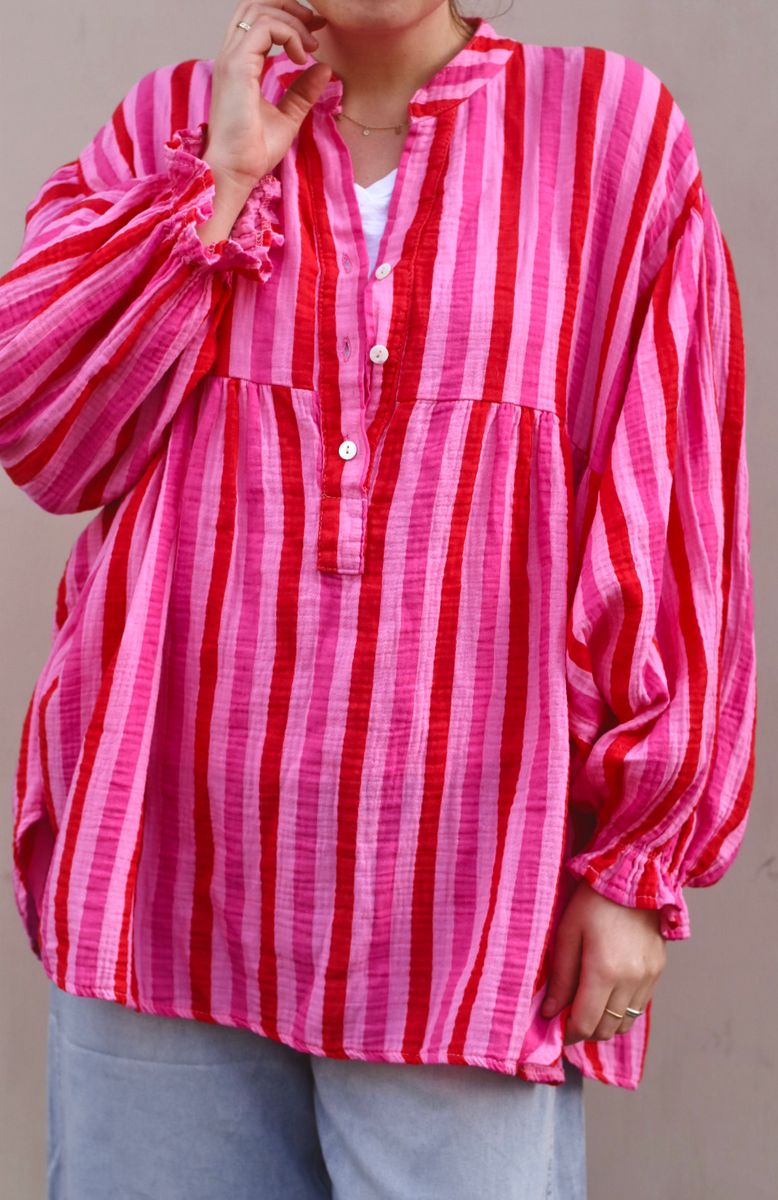 Rød/rosa - Oversized stripet Bomulls Bluse