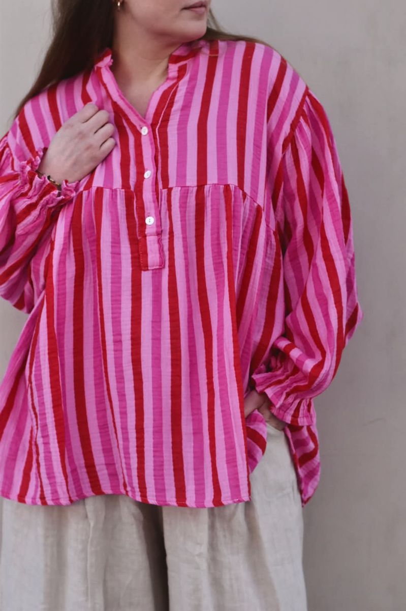 Rød/rosa - Oversized stripet Bomulls Bluse